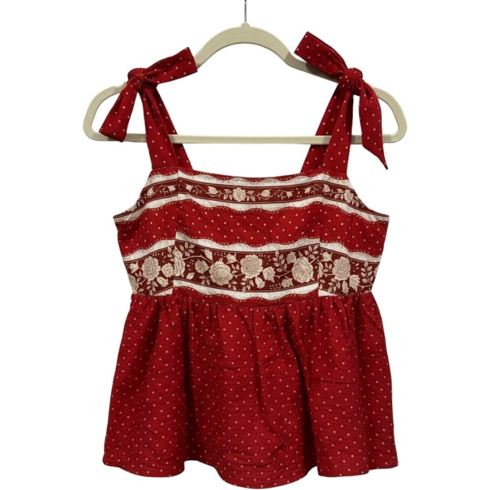Doe and Rae Red Polka‎ Dot Floral Embroidered Tie Shoulder Peplum Top Small